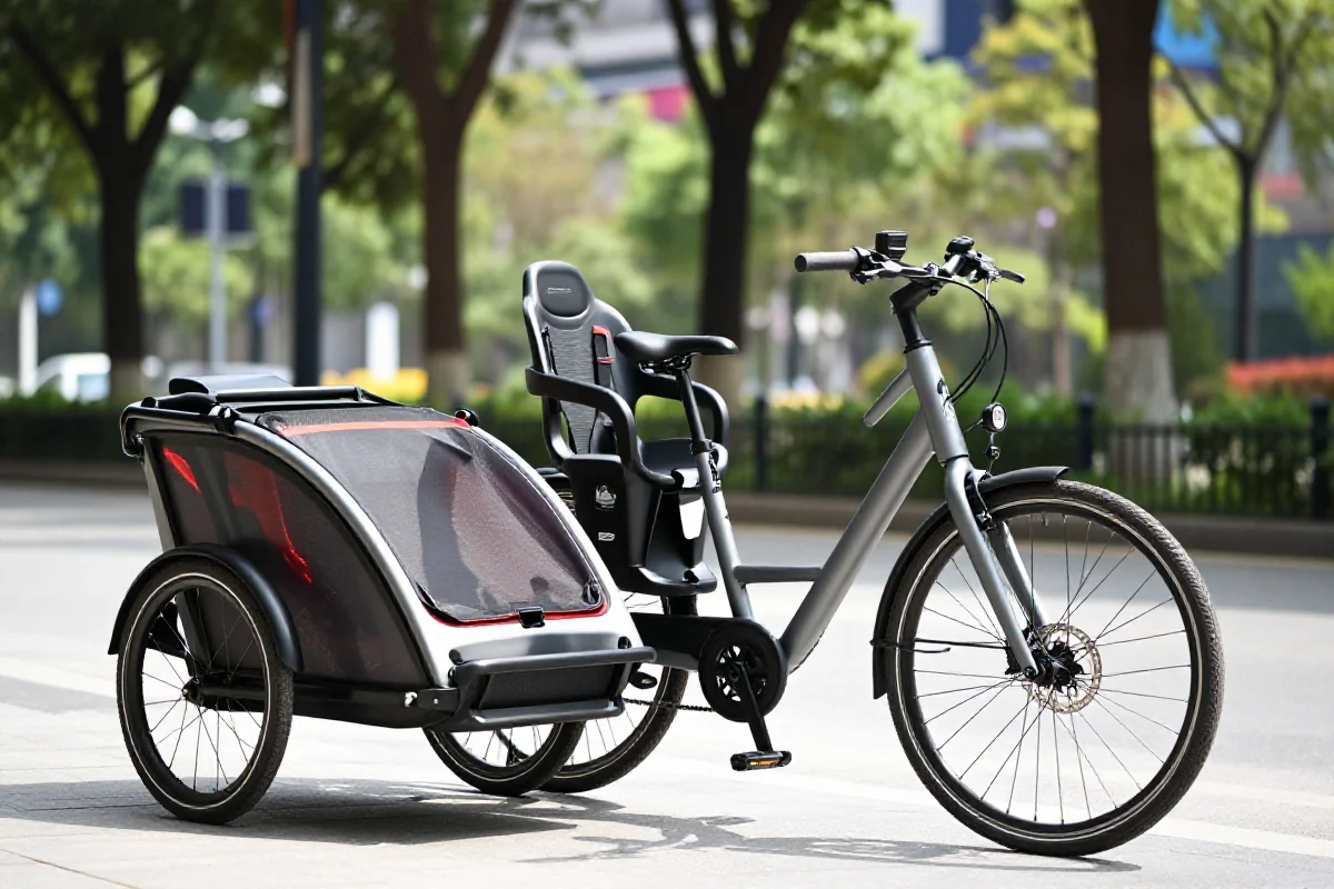 Nowoczesny rower elektryczny z fotelikiem i przyczepką dla dzieci.