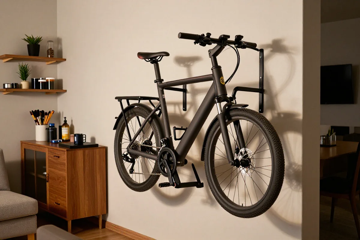 Rozwiązanie do przechowywania roweru elektrycznego w małym mieszkaniu.