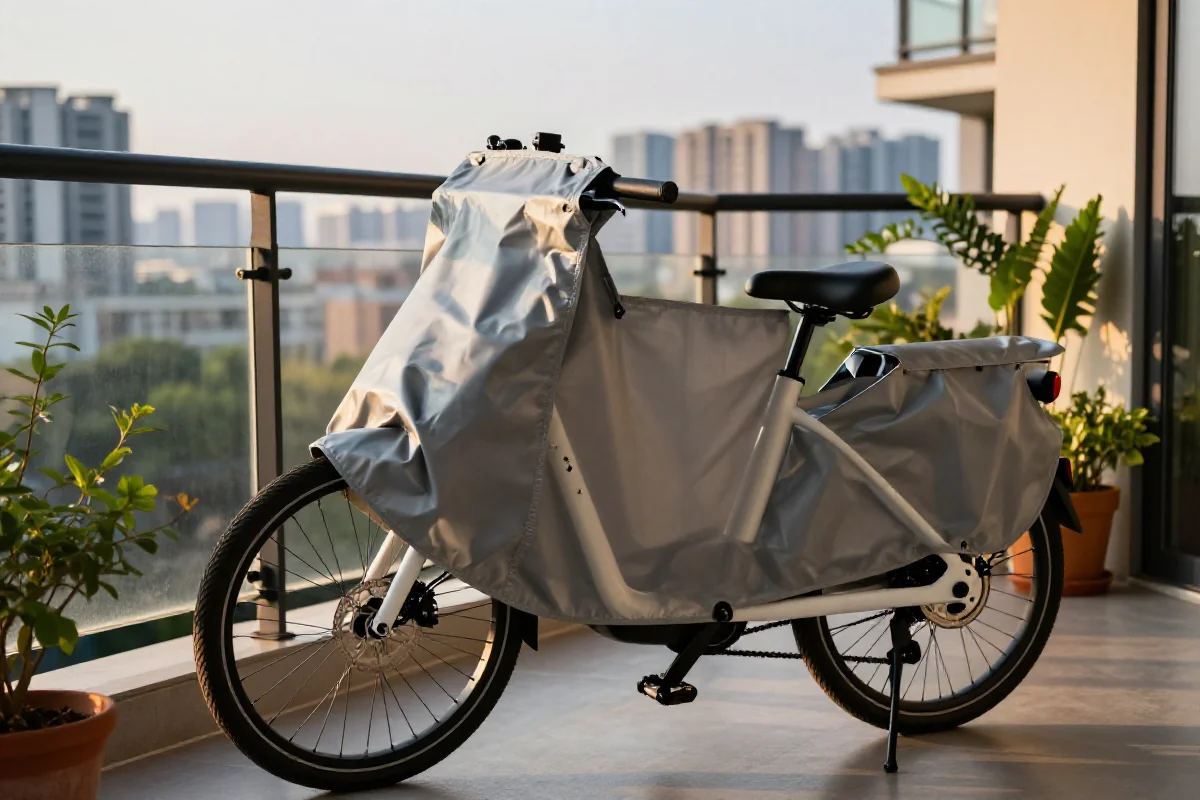 Pokrowiec na rower elektryczny na niezadaszonym balkonie z widokiem na miasto.