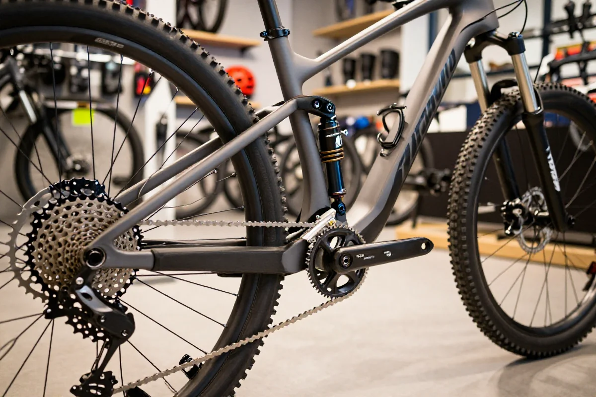 Bliska fotografia roweru górskiego w sklepie rowerowym w Warszawie