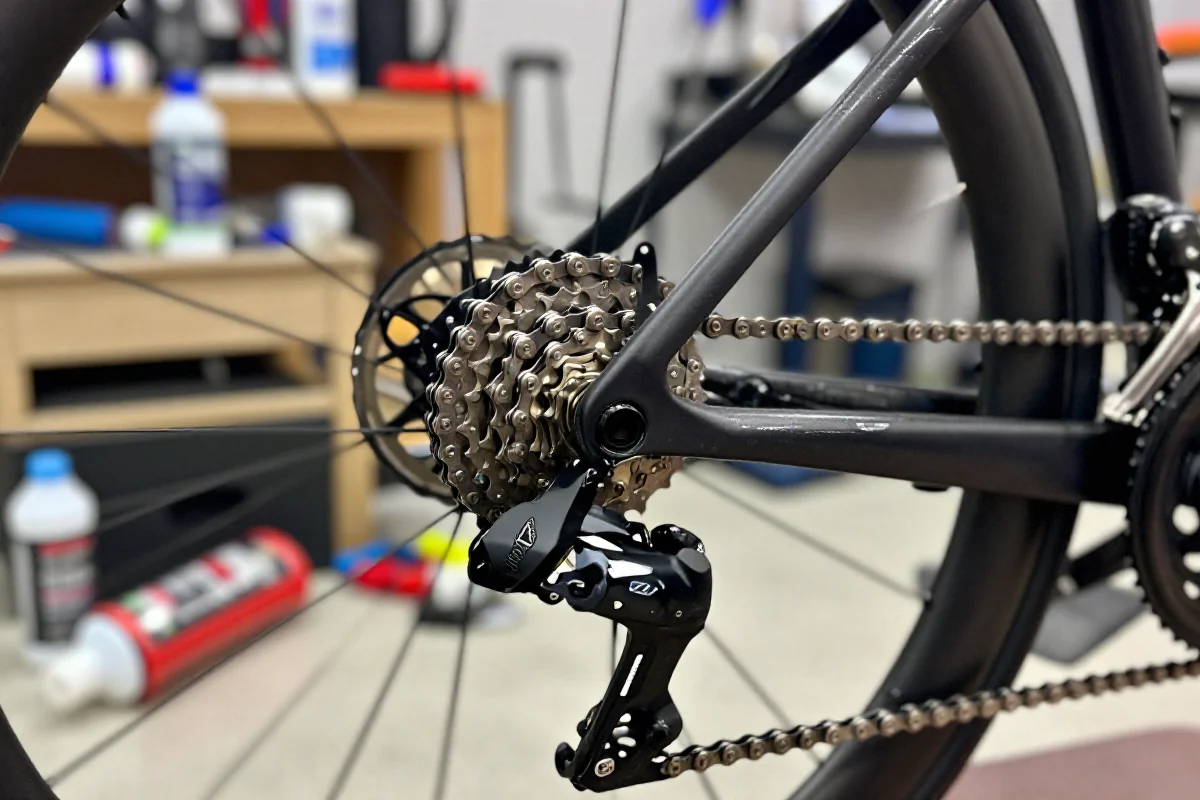 Zbliżenie na łańcuch roweru szosowego z wysokiej jakości smarem.