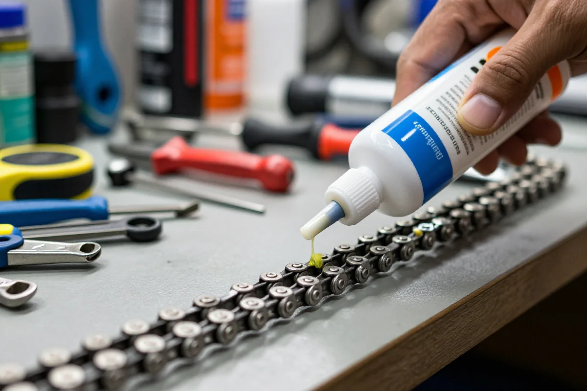 Smarowanie łańcucha rowerowego w dobrze oświetlonym warsztacie