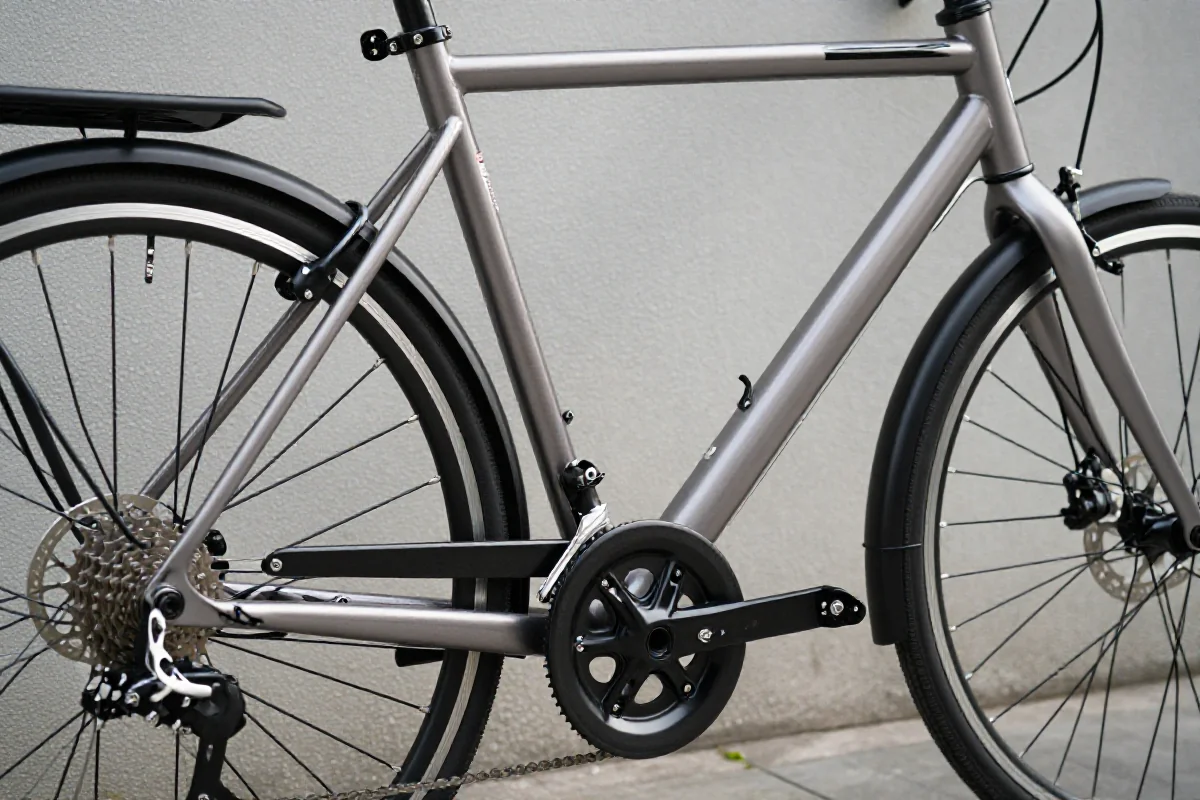 Czysty rower miejski z detalami ramy i komponentów w tle miejskim