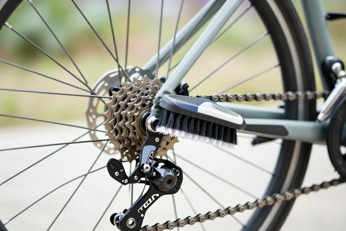 Czyszczenie łańcucha rowerowego z użyciem środka do czyszczenia.