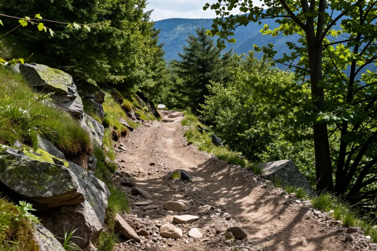 Malownicza trasa MTB w Beskidzie Sądeckim, zróżnicowany teren i zielone otoczenie.