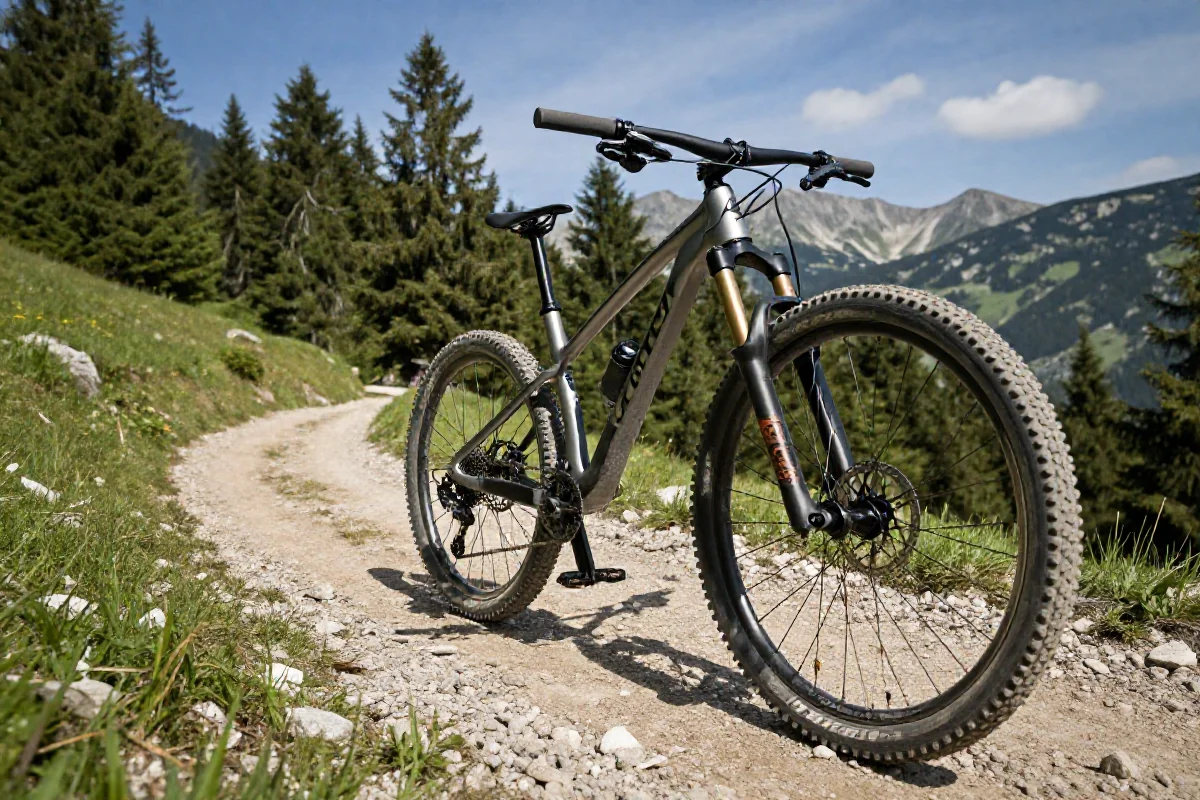 Rower górski na trasie MTB w Gorcach, otoczony lasami i górami.