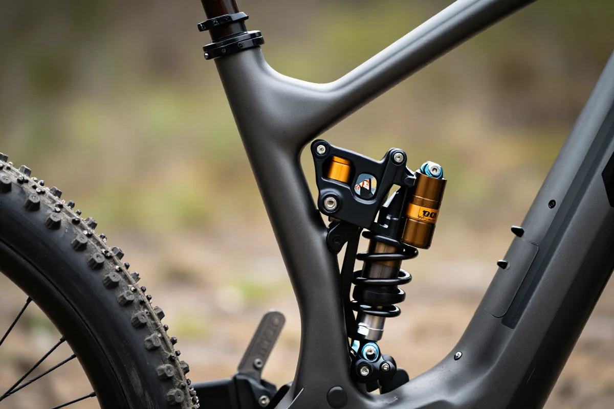 Nowoczesny tylni amortyzator trailowy na rowerze górskim w terenie