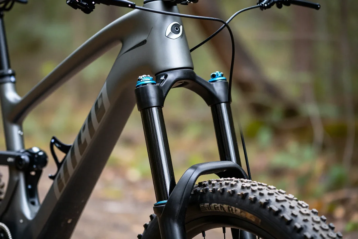 Wysokiej jakości widelec XC na rowerze górskim w naturalnym otoczeniu