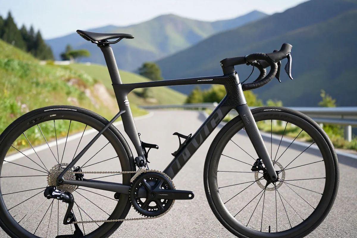 Szczegółowy widok ramy roweru szosowego na malowniczej trasie górskiej.