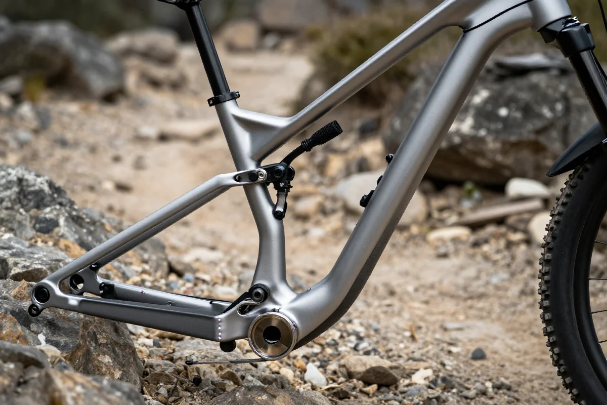 Aluminiowa rama roweru górskiego XC na skalistej ścieżce