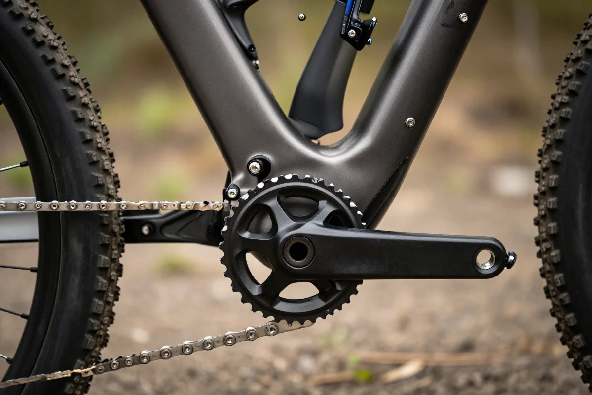 Szczegóły suportu w rowerze górskim, ukazujące standardy suportu MTB.