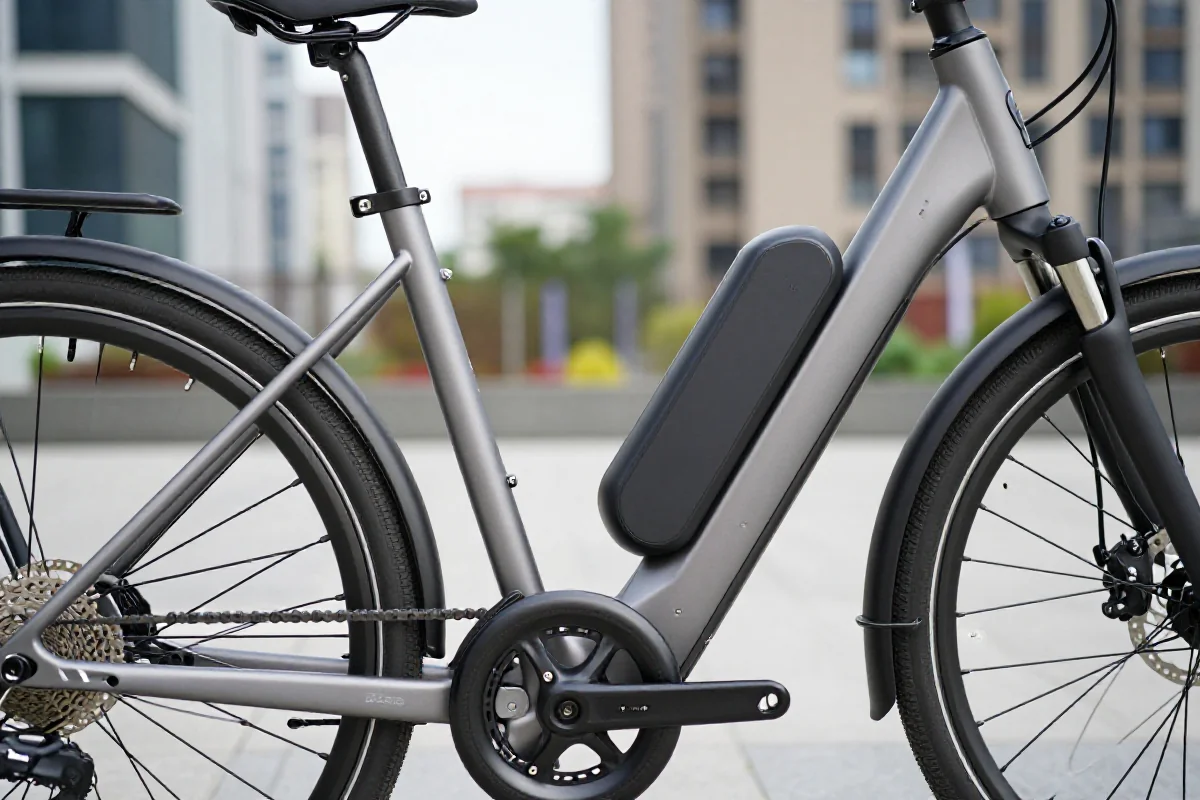 Nowoczesny rower elektryczny w miejskim otoczeniu, ukazujący jego komponenty.
