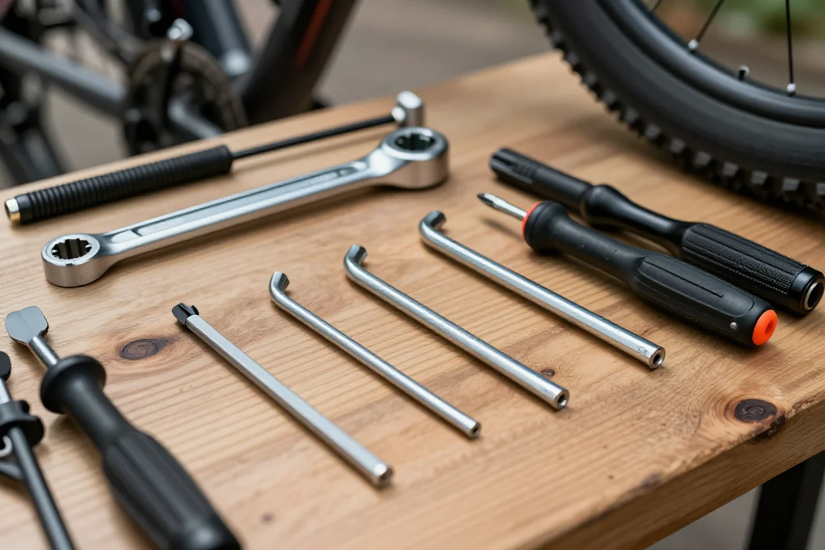 Zestaw narzędzi rowerowych na warsztacie, klucz dynamometryczny i imbusy.