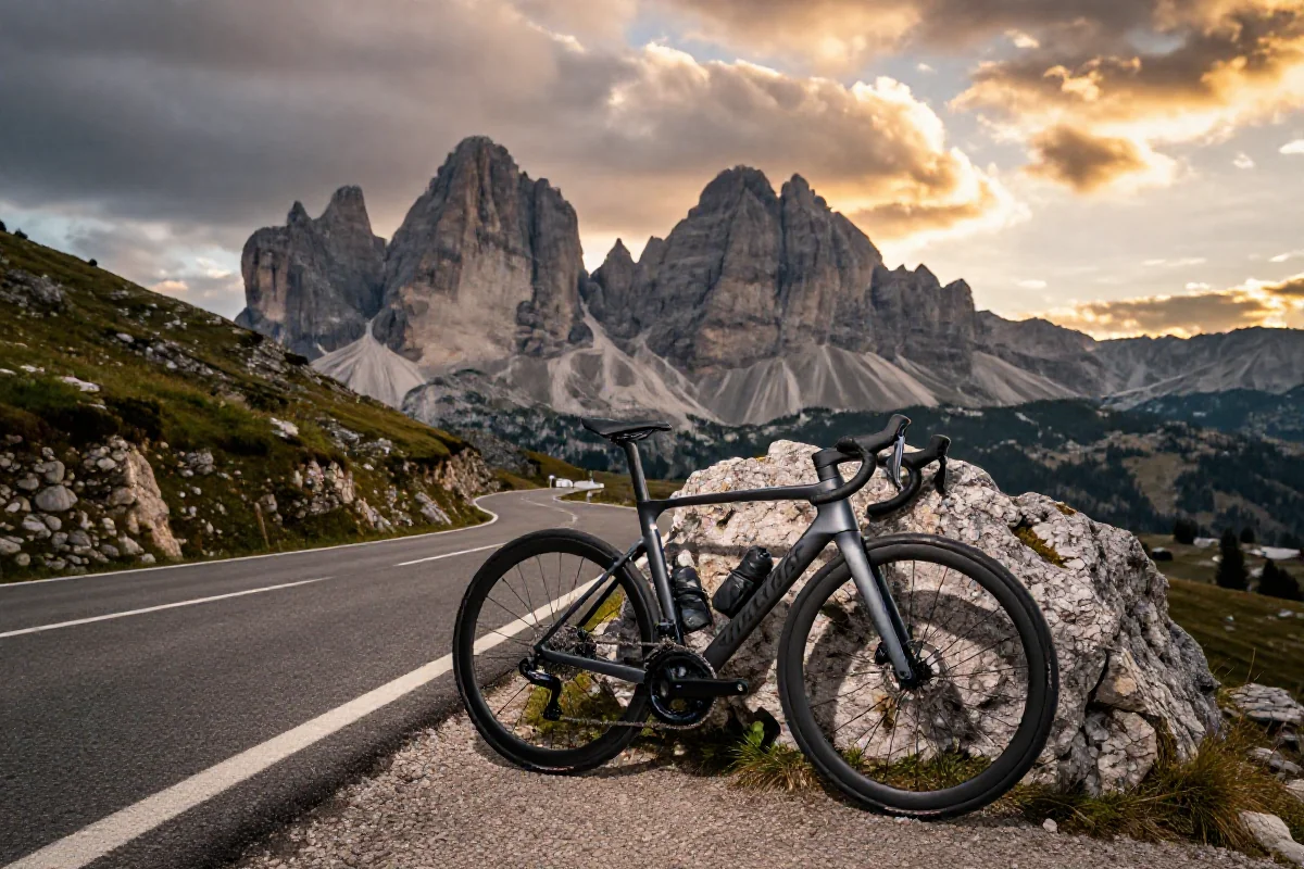 Rower szosowy na tle gór Dolomitów, malownicza trasa rowerowa.