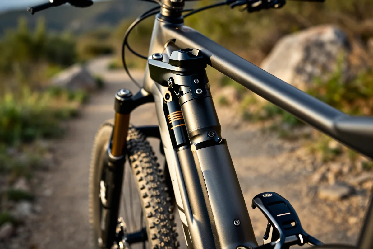 Zaawansowana sztyca teleskopowa na rowerze górskim, idealna do jazdy w terenie.