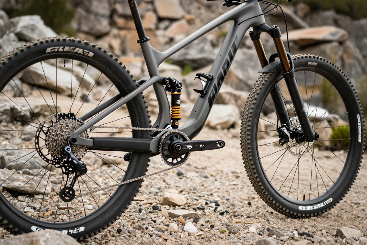 Zbliżenie na nowoczesny rower górski z zaawansowanymi komponentami.