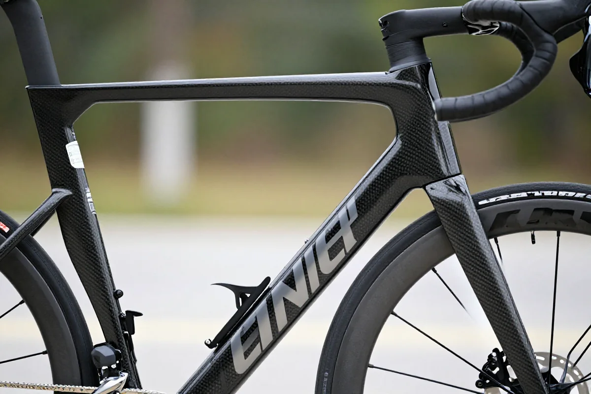 Szczegóły ramy roweru szosowego z włókna węglowego w naturalnym świetle.