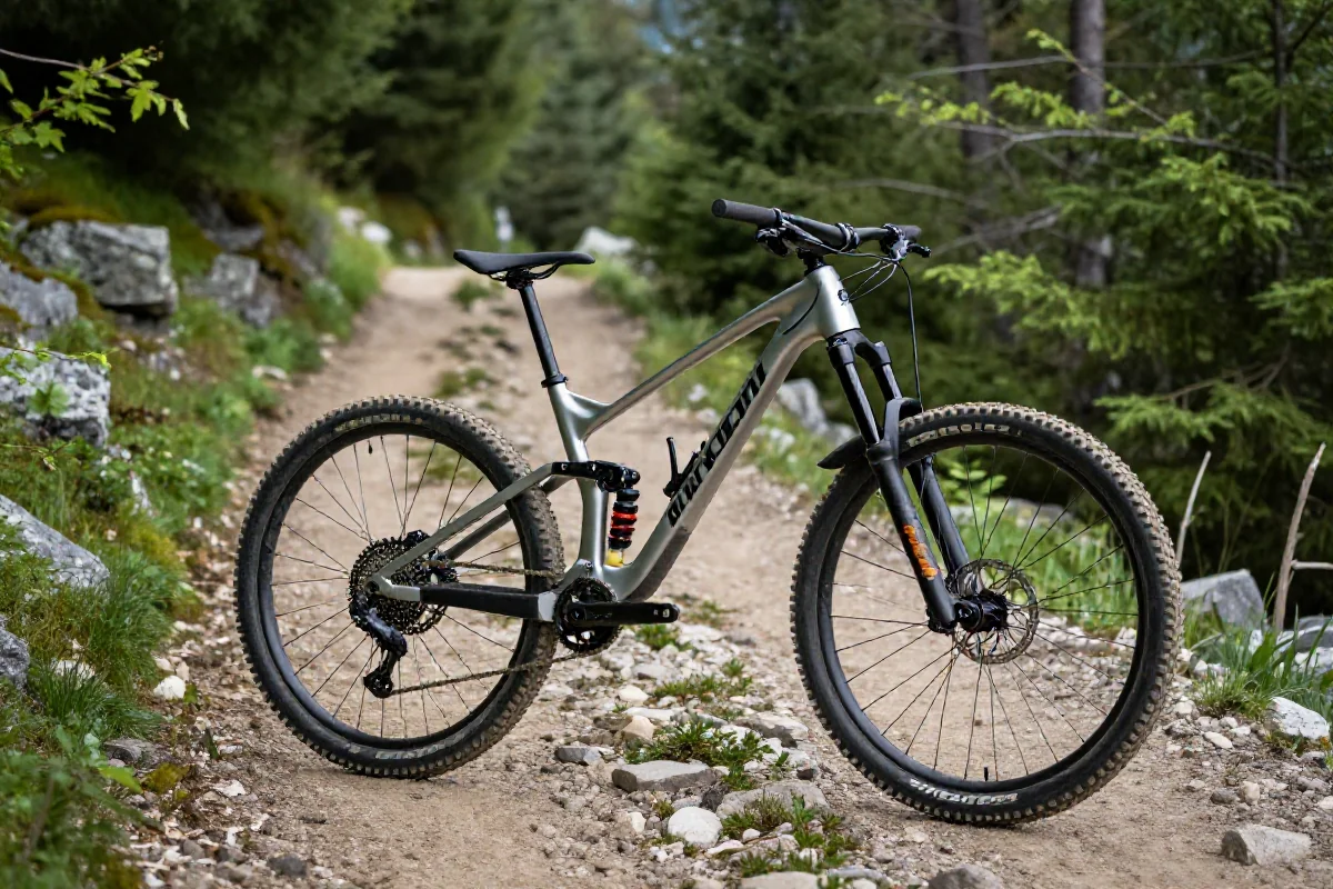 Rower górski na singletracku w Sudetach, podkreślający techniczne detale.