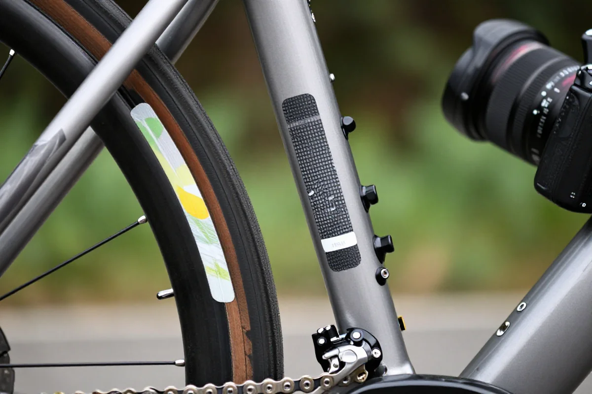 Zbliżenie na naklejki ochronne na dolnej rurze roweru.
