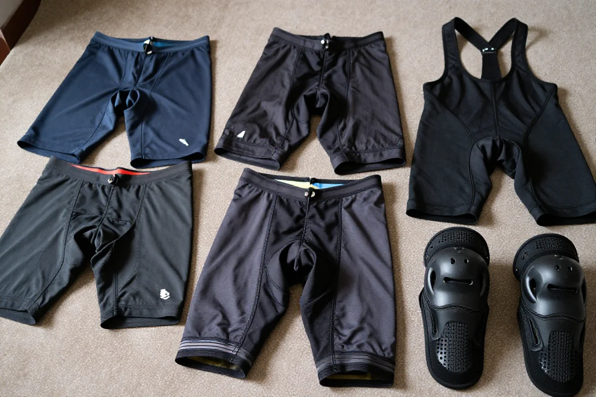 Rodzaje spodenek do MTB i nakolanniki, ukazane dla komfortu i ochrony.