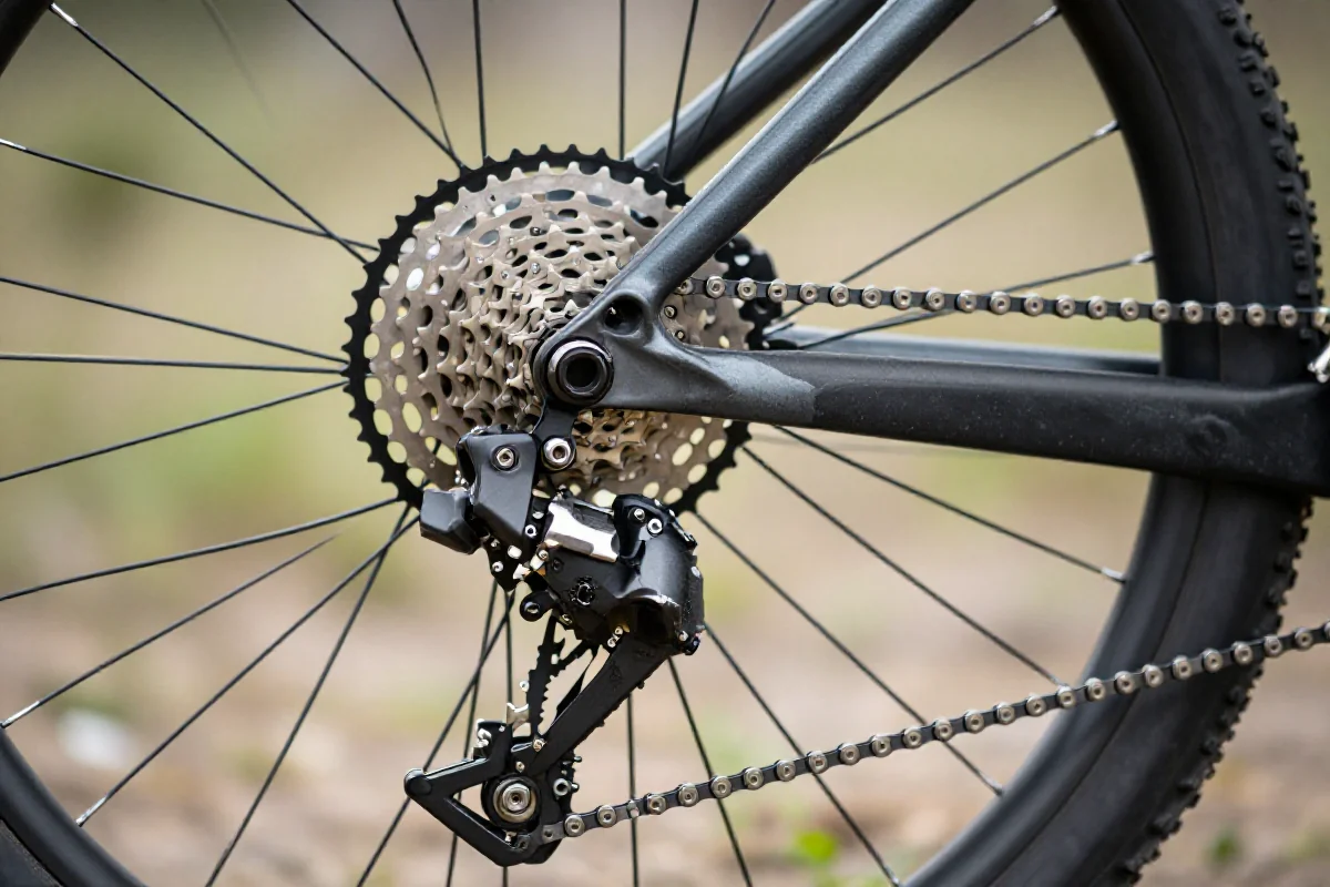 Szczegółowy widok napędu MTB, w tym kaseta, łańcuch i przerzutki.