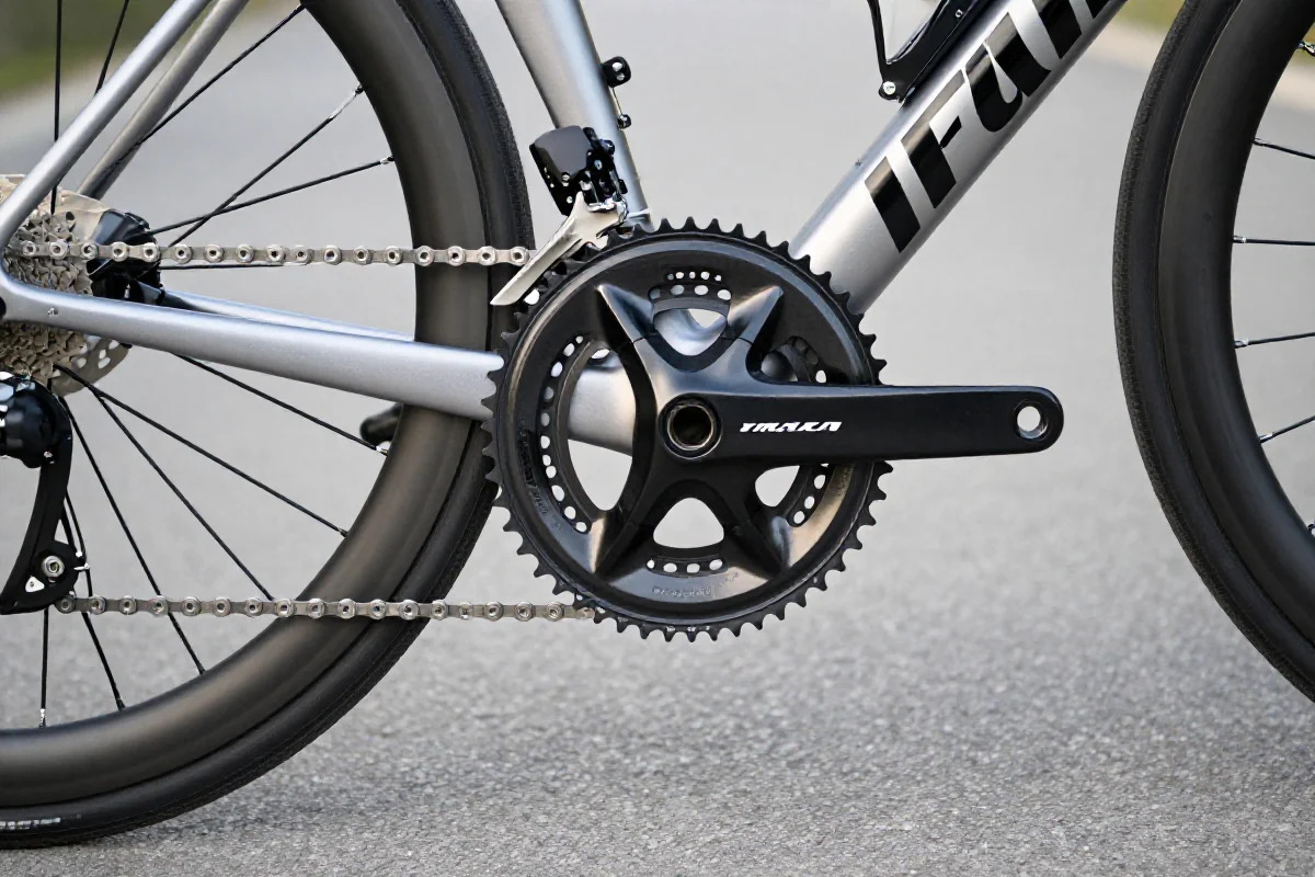 Zbliżenie na napęd roweru szosowego z korbą 53/39 i kasetą.