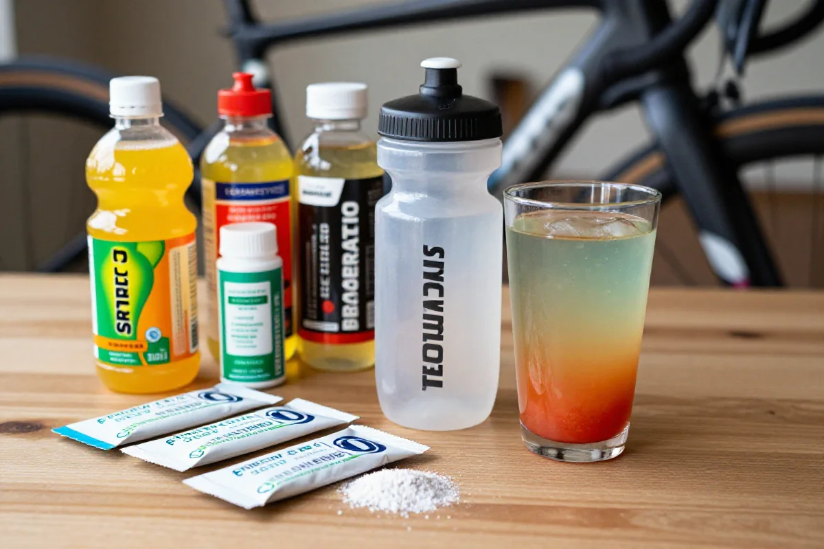 Izotoniczne napoje i elektrolity dla rowerzystów na drewnianym stole.