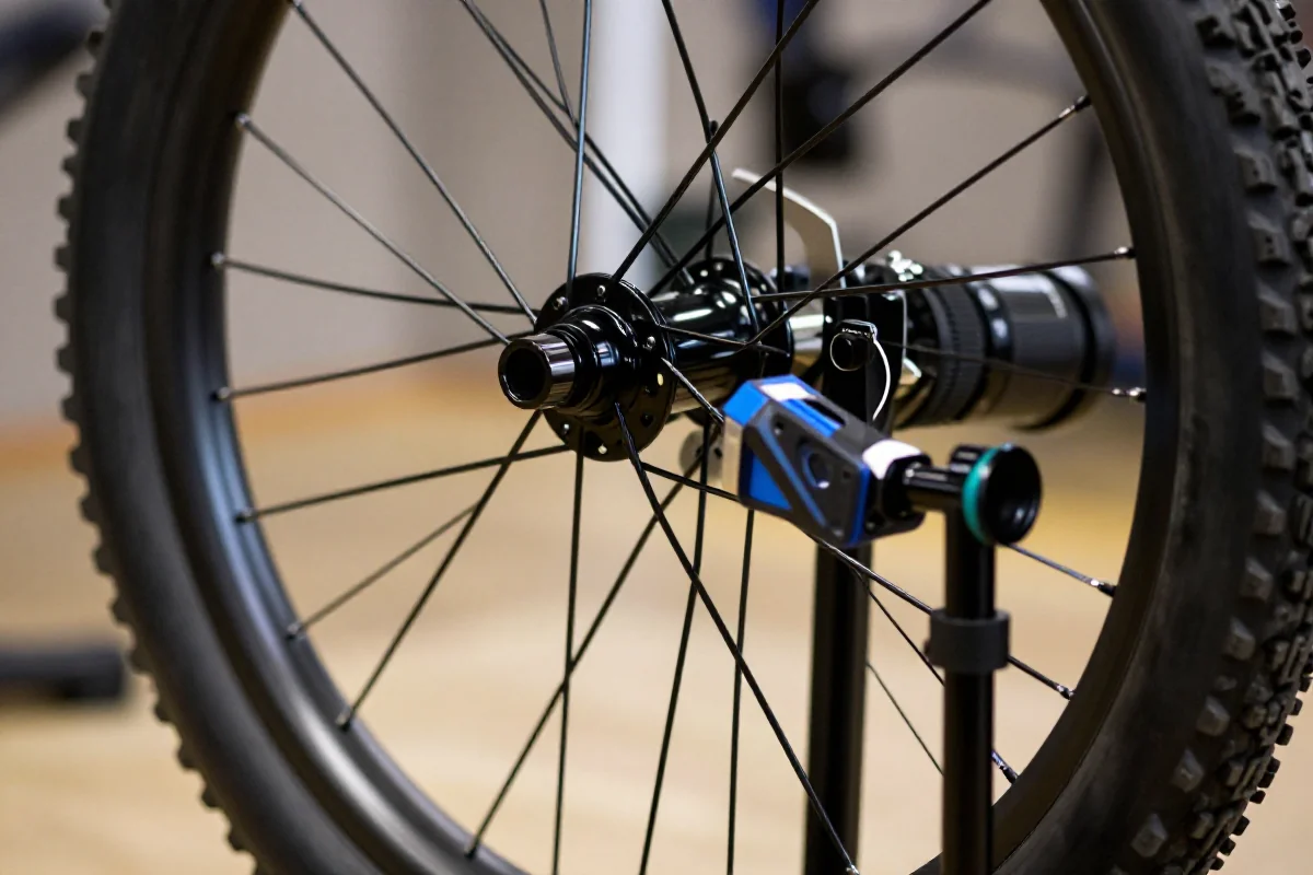 Sprawdzenie bicia bocznego koła roweru górskiego w warsztacie.