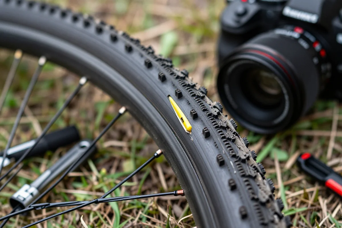 Uszkodzona opona tubeless w terenie, pokazująca duże przecięcie.