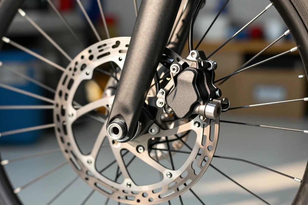 Zbliżenie na hamulce tarczowe roweru z nowymi klockami hamulcowymi.
