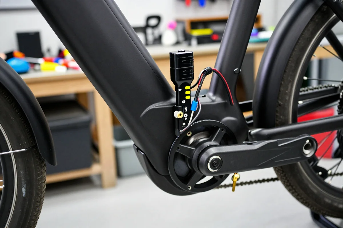 Czujnik momentu obrotowego roweru elektrycznego w warsztacie naprawczym