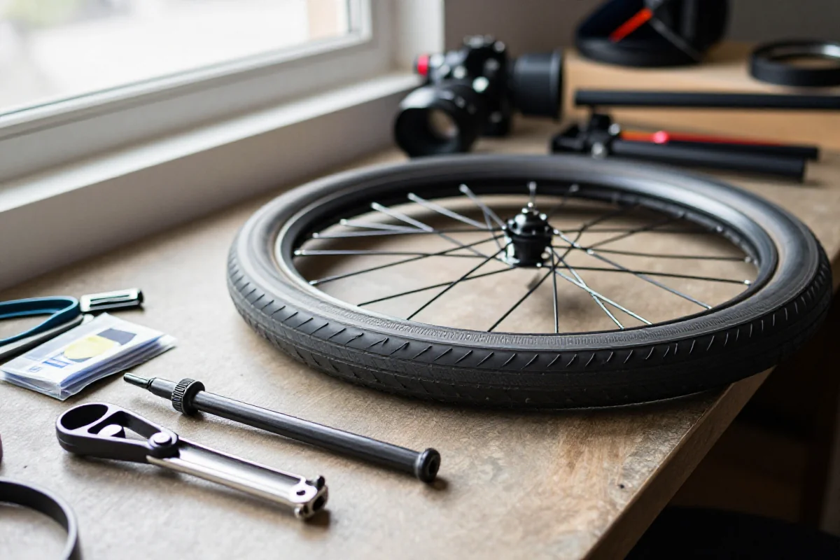 Naprawa dętki rowerowej z użyciem zestawu łatek i narzędzi