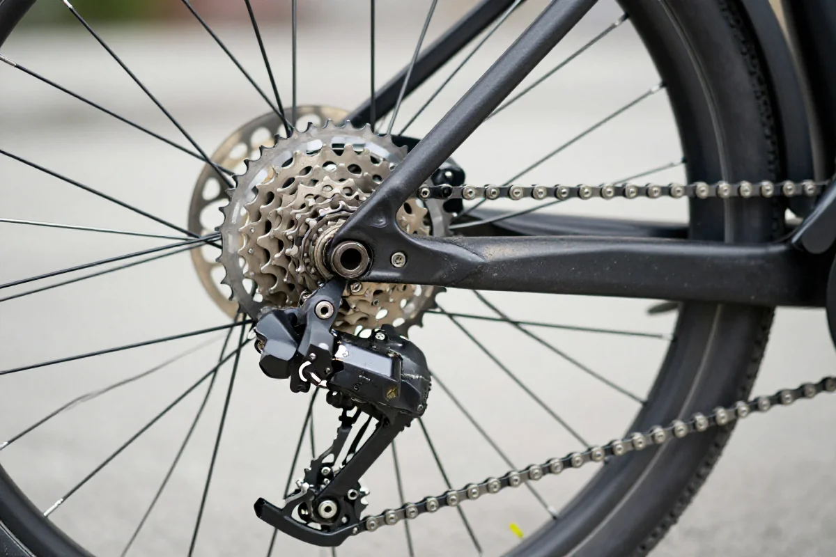 Zbliżenie na układ napędowy roweru elektrycznego z łańcuchem i kasetą.