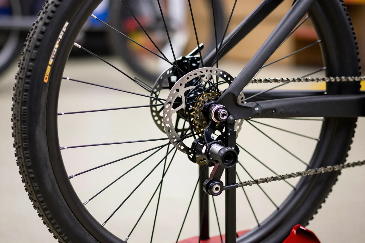 Zbliżenie koła roweru górskiego z widocznym biciem promieniowym i szprychami.