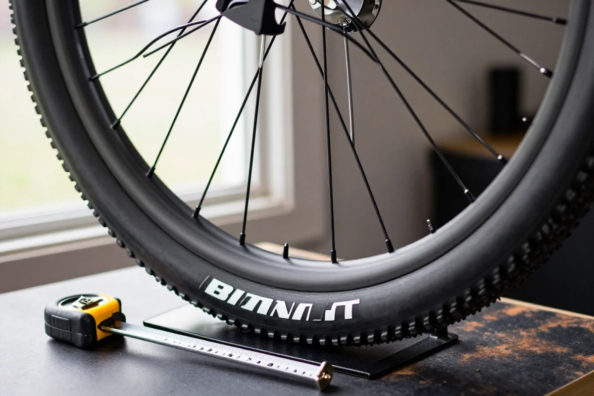 Deformacja obręczy roweru górskiego na stojaku do centrowania kół.