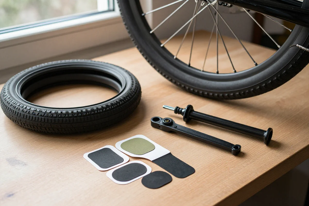 Zestaw narzędzi do naprawy kół i opon rowerowych na stole warsztatowym.