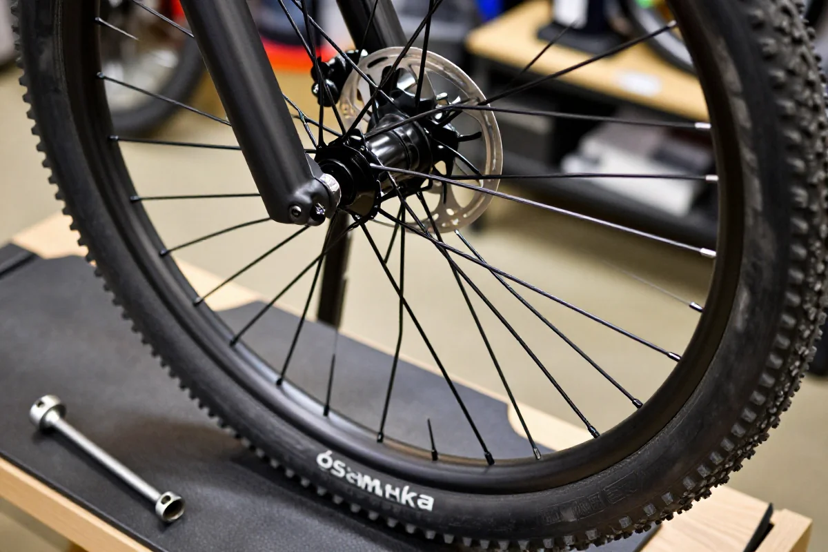 Widok koła MTB z ósemką w warsztacie, narzędzia do naprawy obok.