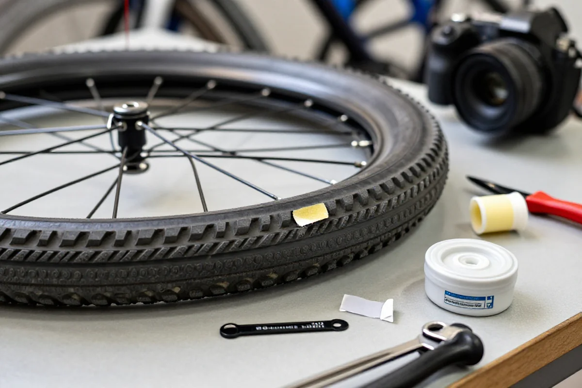 Zestaw narzędzi do naprawy przebicia opony rowerowej na stole warsztatowym.