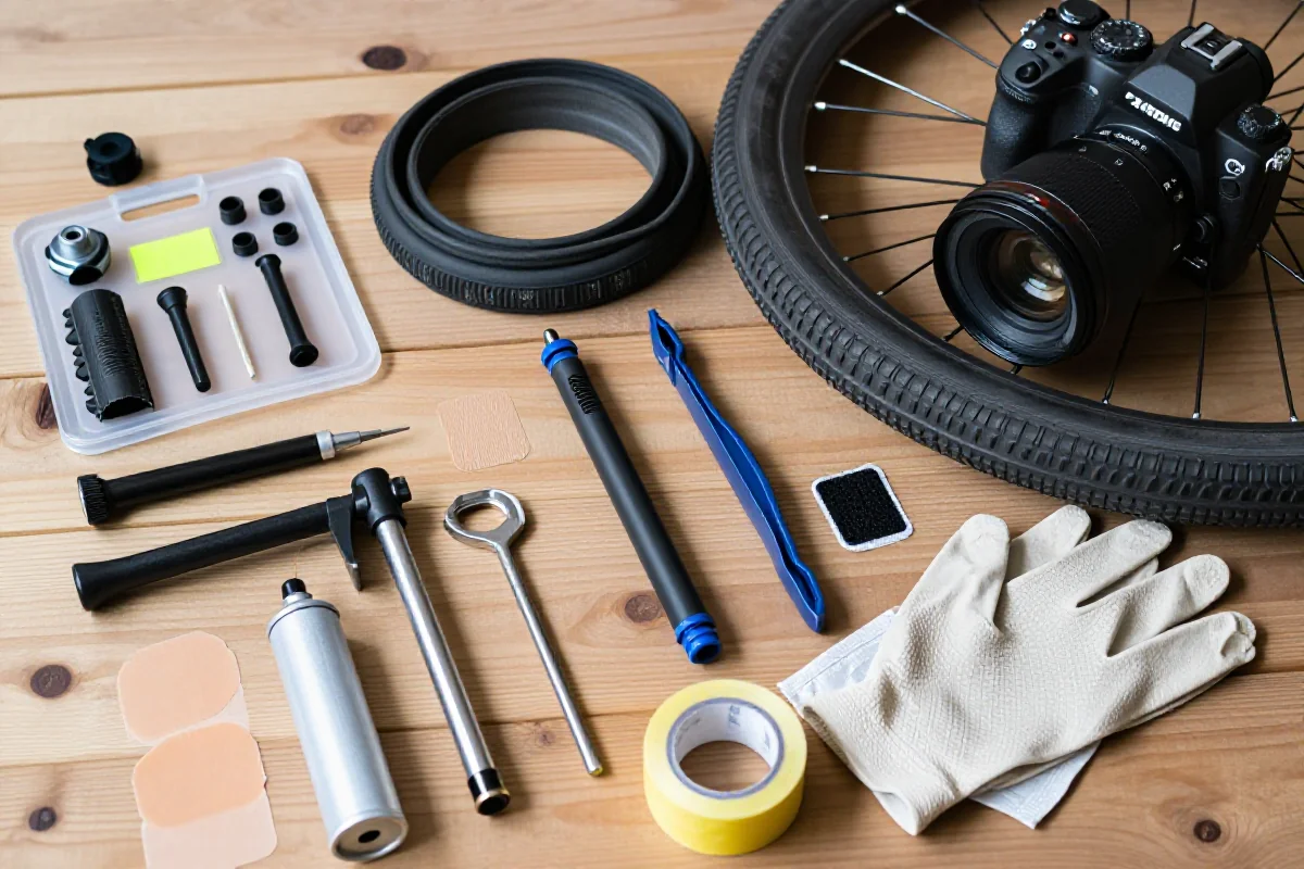 Zestaw narzędzi do naprawy przebicia roweru na drewnianym blacie