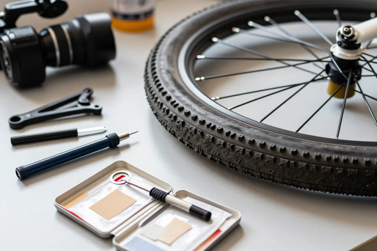 Naprawa przebicia opony rowerowej z użyciem narzędzi na stole warsztatowym.