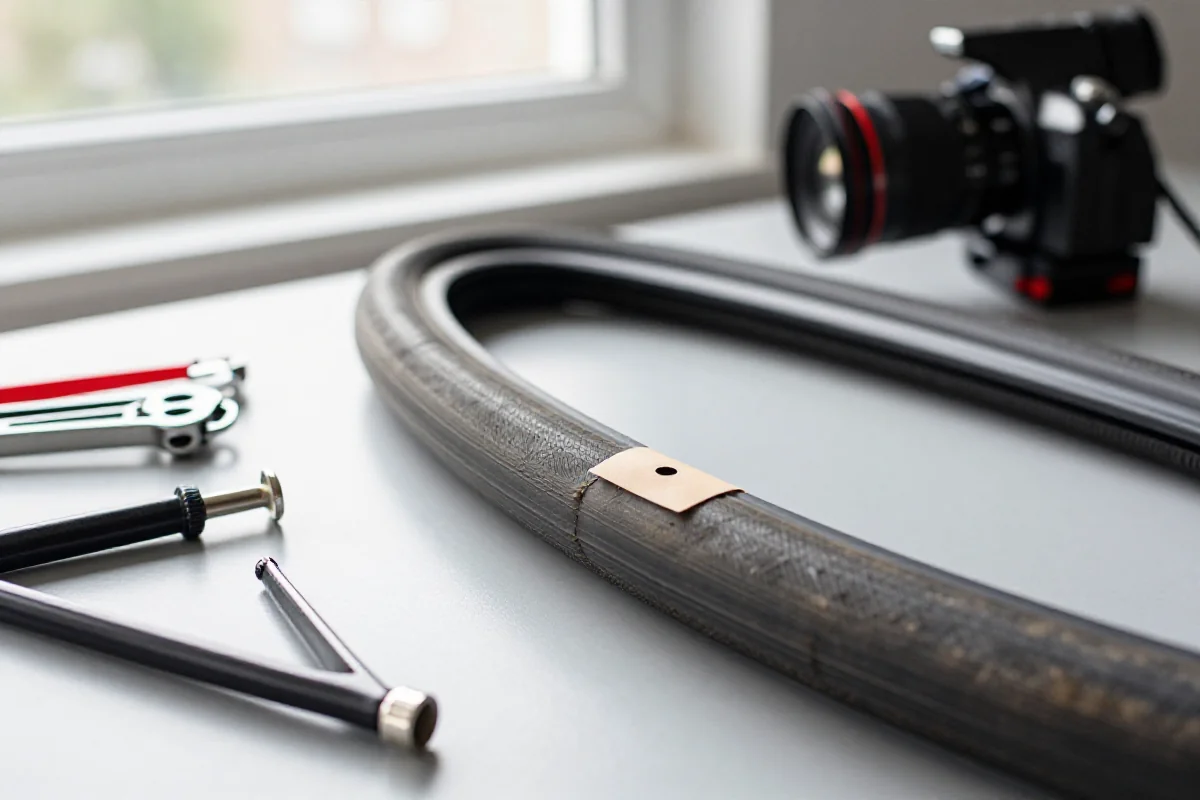 Naprawa przebitej dętki rowerowej w warsztacie na stole roboczym.