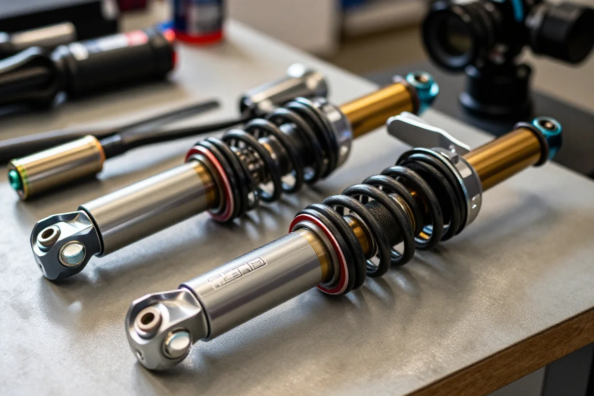 Szczegóły zawieszenia roweru elektrycznego na stole warsztatowym