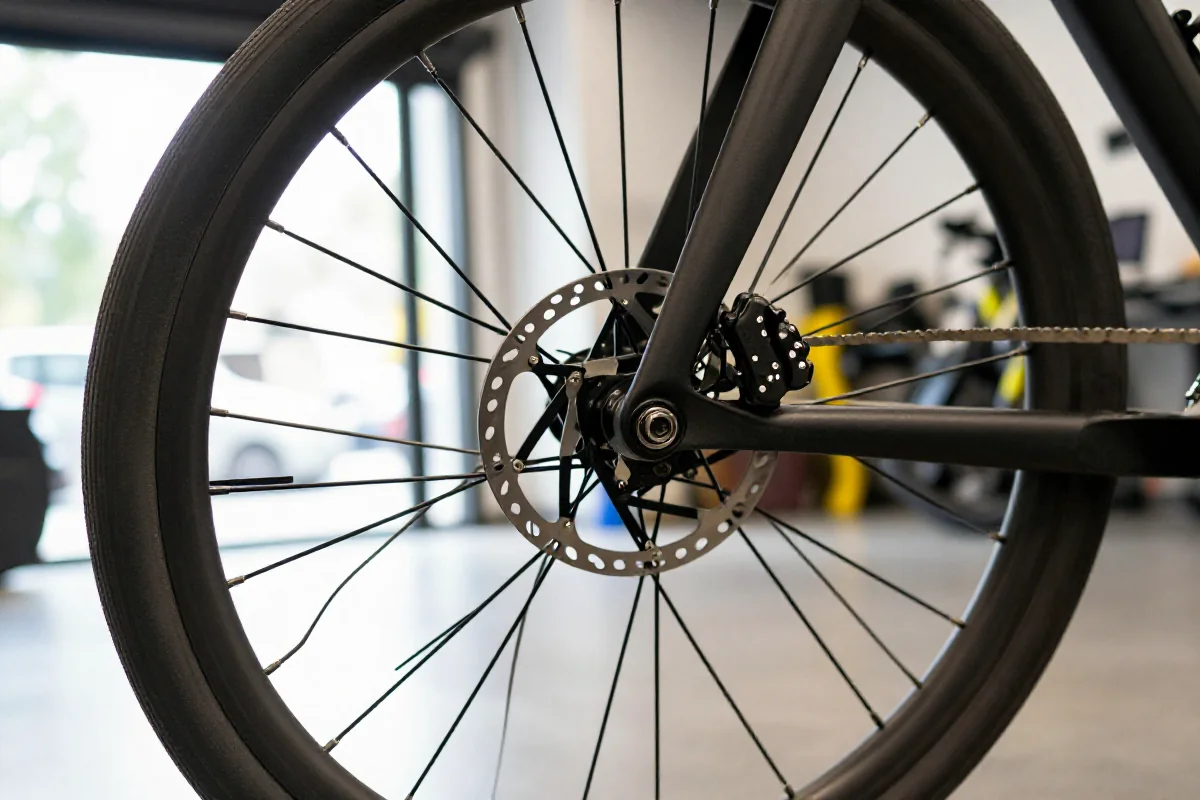 Szczegółowe zdjęcie tylnego koła roweru miejskiego z elementami hamulca.