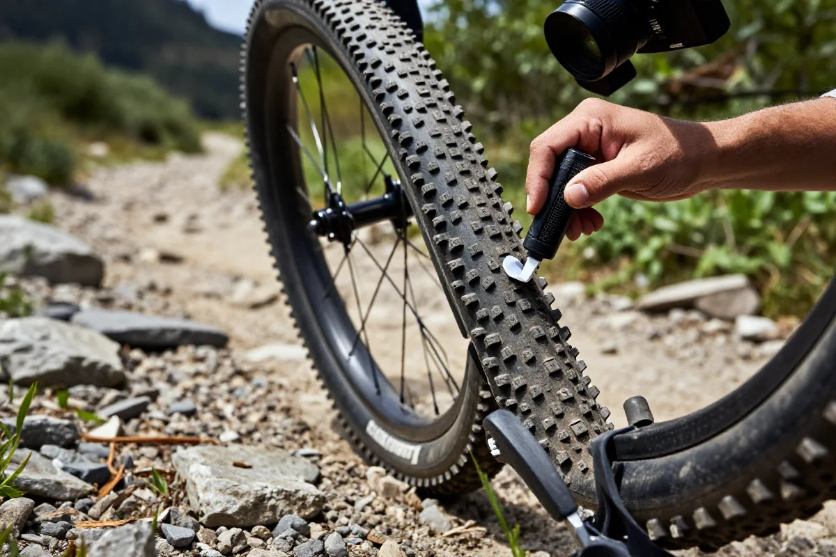 Naprawa opony roweru górskiego z użyciem wkładu tubeless na szlaku.