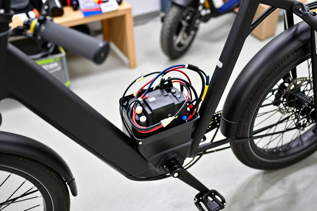 Szczegółowy widok układów elektrycznych roweru elektrycznego w warsztacie