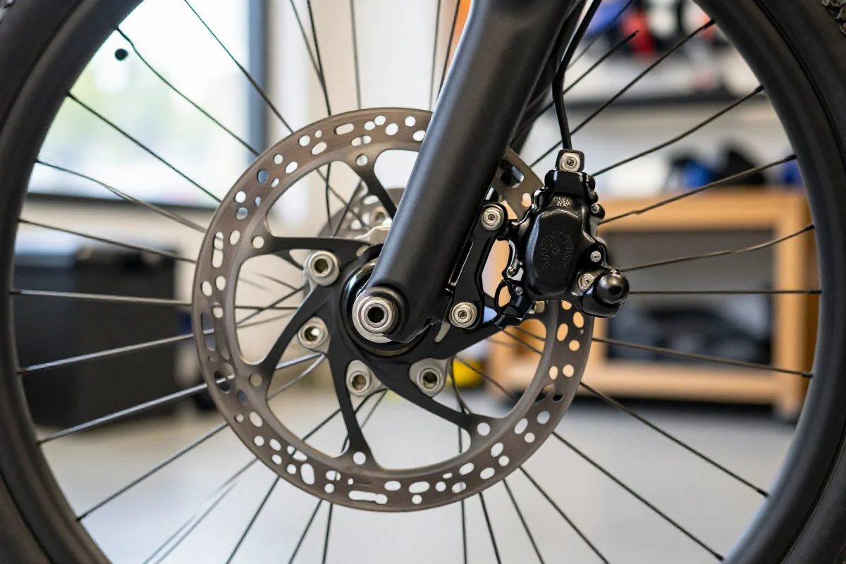 Zbliżenie na hydrauliczny układ hamulcowy roweru elektrycznego, szczegóły komponentów.