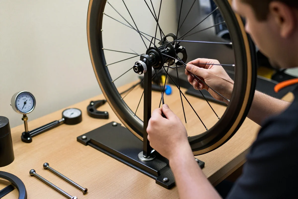 Precyzyjne centrowanie kół rowerowych w profesjonalnym serwisie rowerowym.