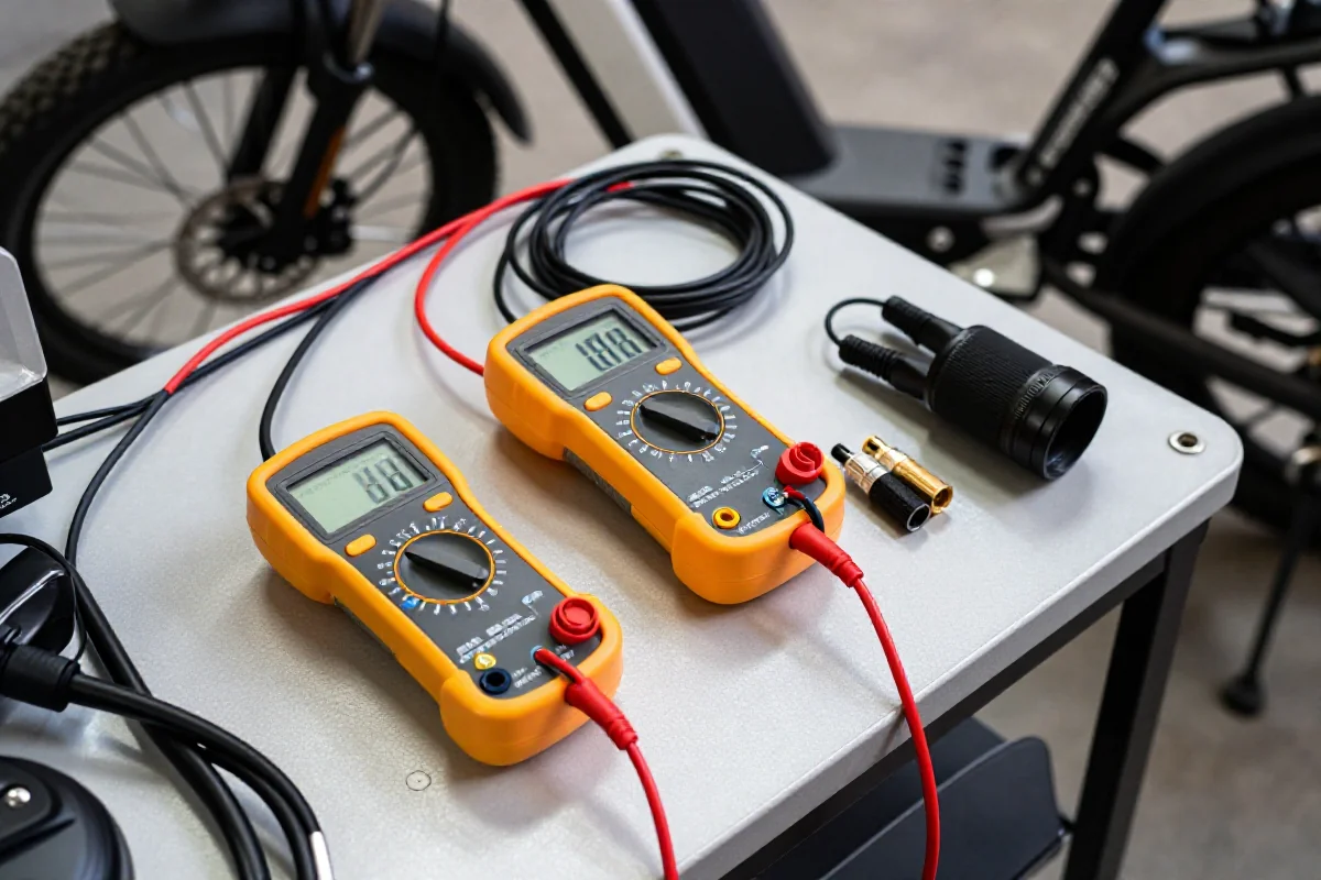 Narzędzia diagnostyczne do rowerów elektrycznych na warsztatowym stole.