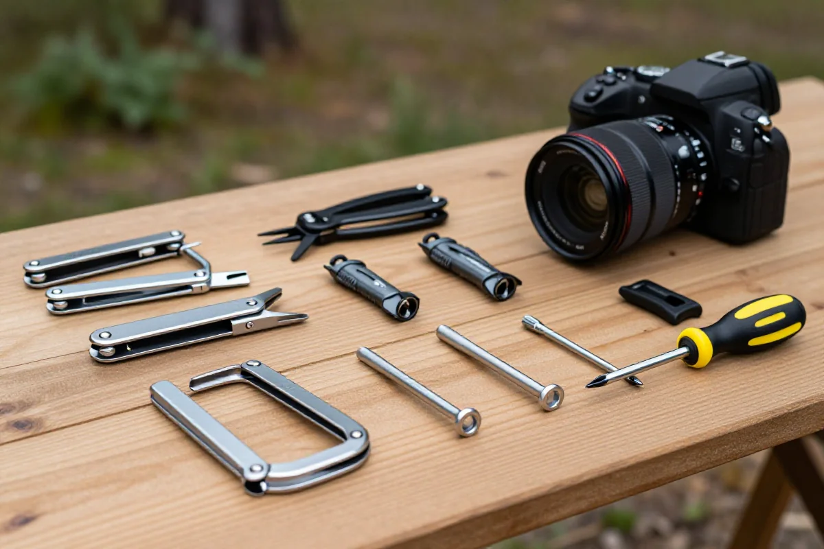 Zestaw narzędzi do bikepackingu na drewnianym stole w plenerze.