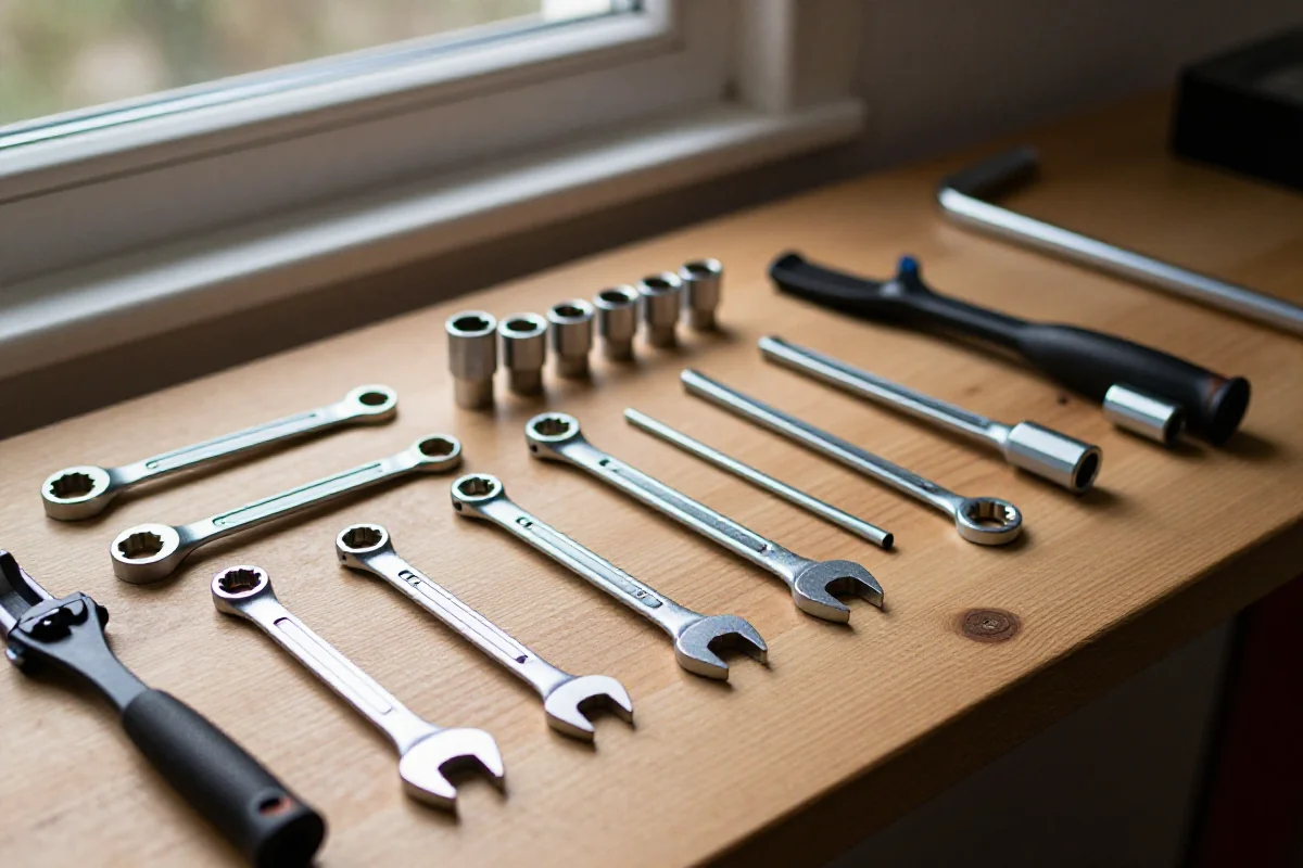 Zestaw narzędzi do konserwacji roweru na drewnianym warsztacie.